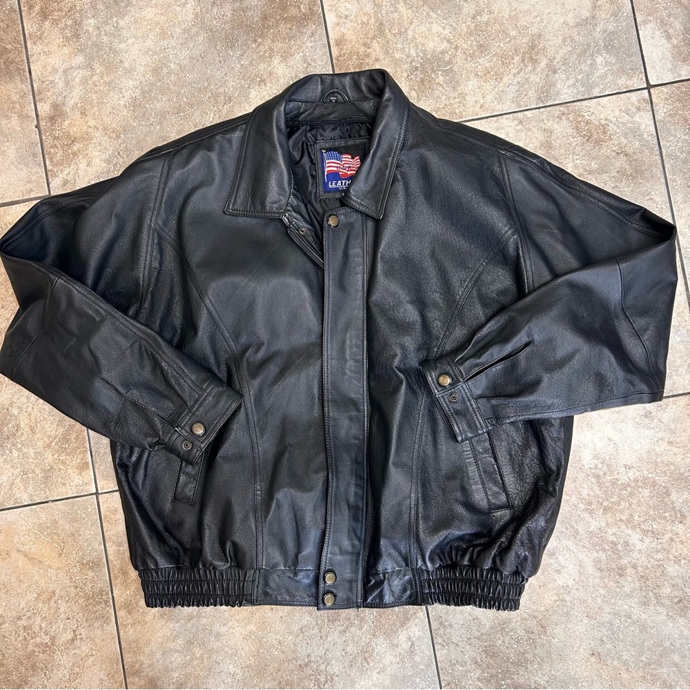 Vintage 3XL Black Leather Bomber Made USA Jacket Snap Buttons Elastic Waistband